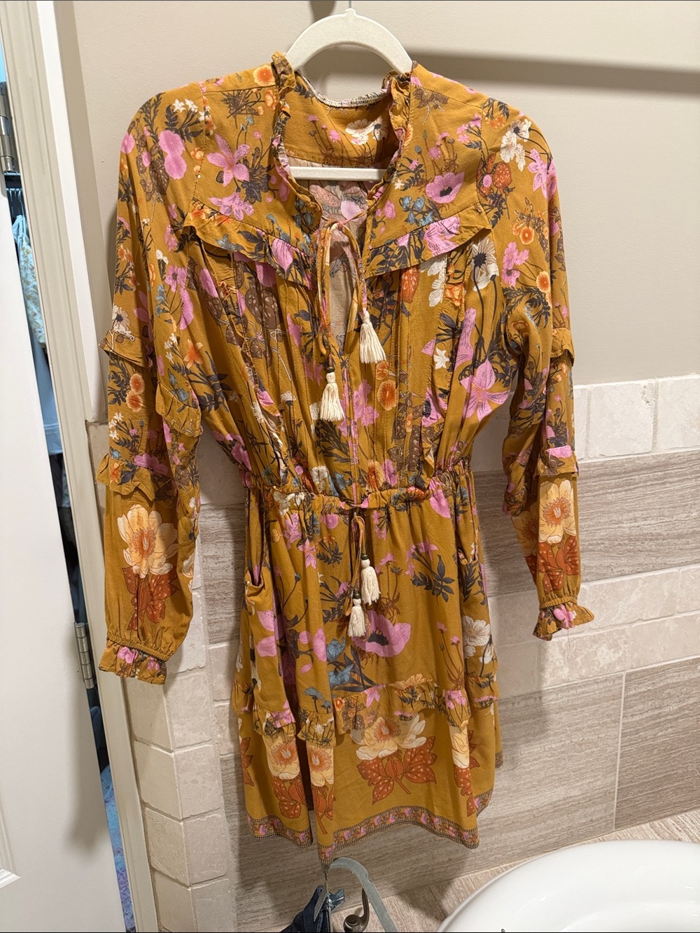 Mustard Floral Tie-Front Women’s Dress